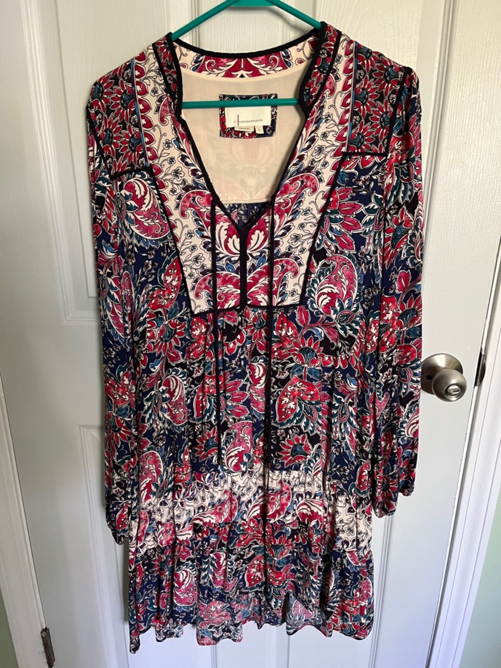 Anthropologie Navy, Pink and Cream Paisley Long Sleeve Boho Dress